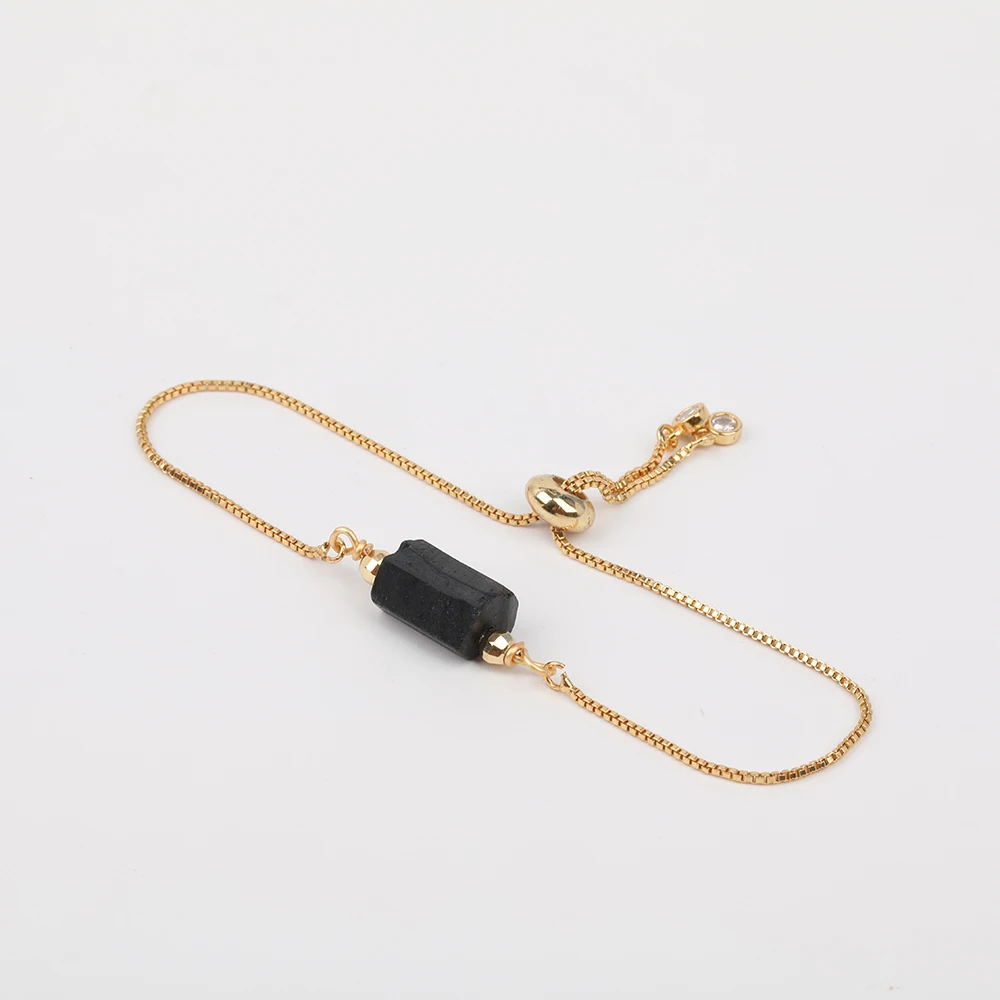 10Pcs/Lot Natural Black Tourmaline Single Nugget Chip Beads Gold Tennis Chains Adjustable Bracelet Jewelry For Women N0456JBD