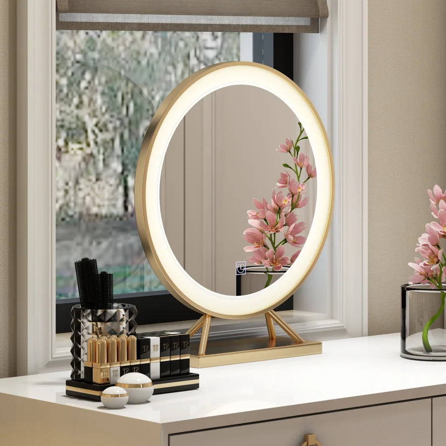 Dia 40 50 cm Golden Smart LED Makeup Mirror Bedroom Hotel Desktop Decor Round With Light Tricolor Light Source Storage Base