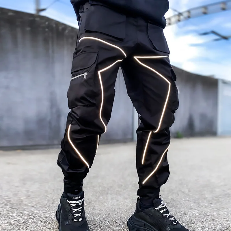 

2021 new trendy casual style trousers men's brand loose straight tooling multi-pocket beam foot reflective sporty