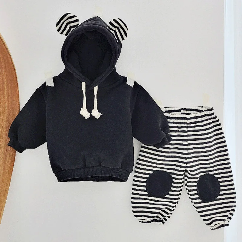 Winter Baby Casual Clothes Set Boys Cute Bear Hooded Fleece Hoodie Plus Velvet Striped Patch Pants 2pcs Suit Baby Warm Outfits