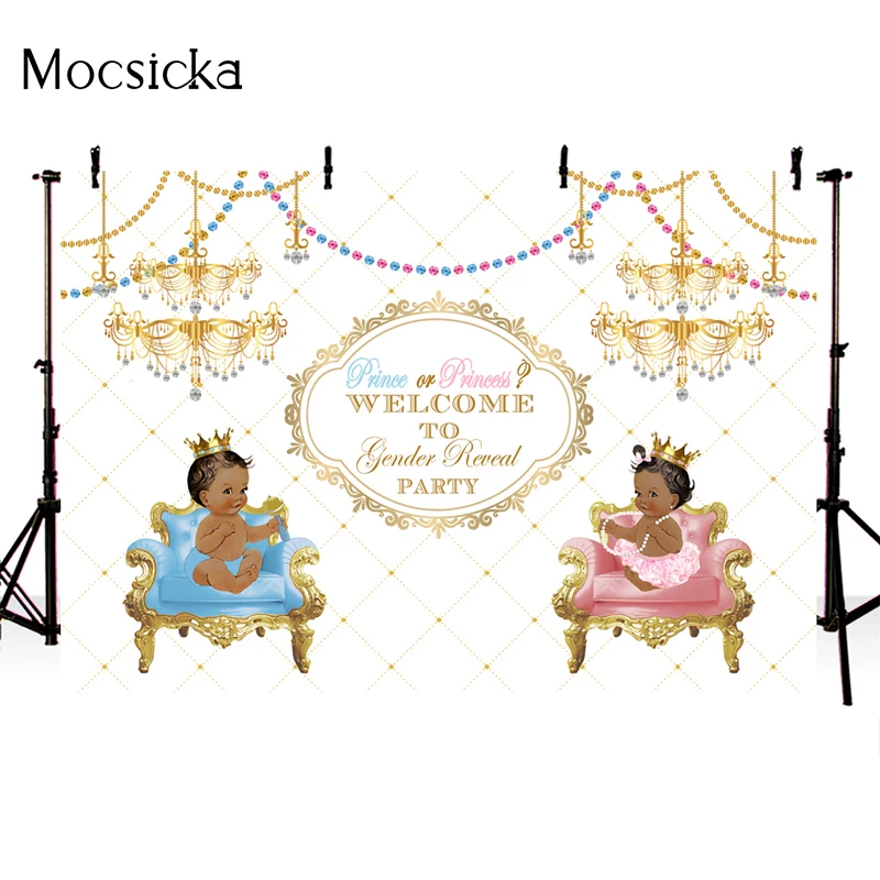 Mocsicka Gender Reveal Photography Background Chandelier Chair Crown Decoration Props Boy Girl Baby Shower Photo Backdrop Banner