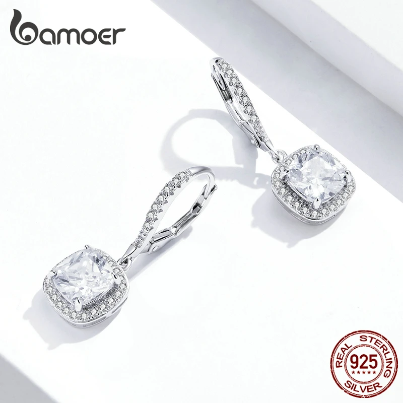 BAMOER Authentic 925 Sterling Silver Dazzling Cubic Zircon Square Geometric Drop Earrings for Women Wedding Jewelry SCE520