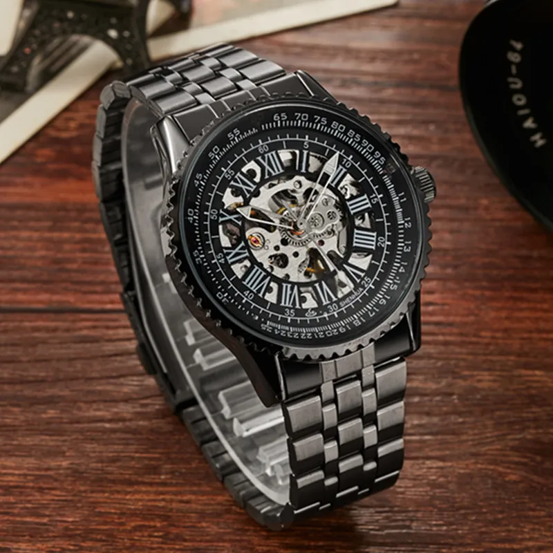 Gorben Stainless Steel Belt Black Men Skeleton Mechanical Watch Men Tourbillon Sport Clock Male Casual Business Wrist Watch