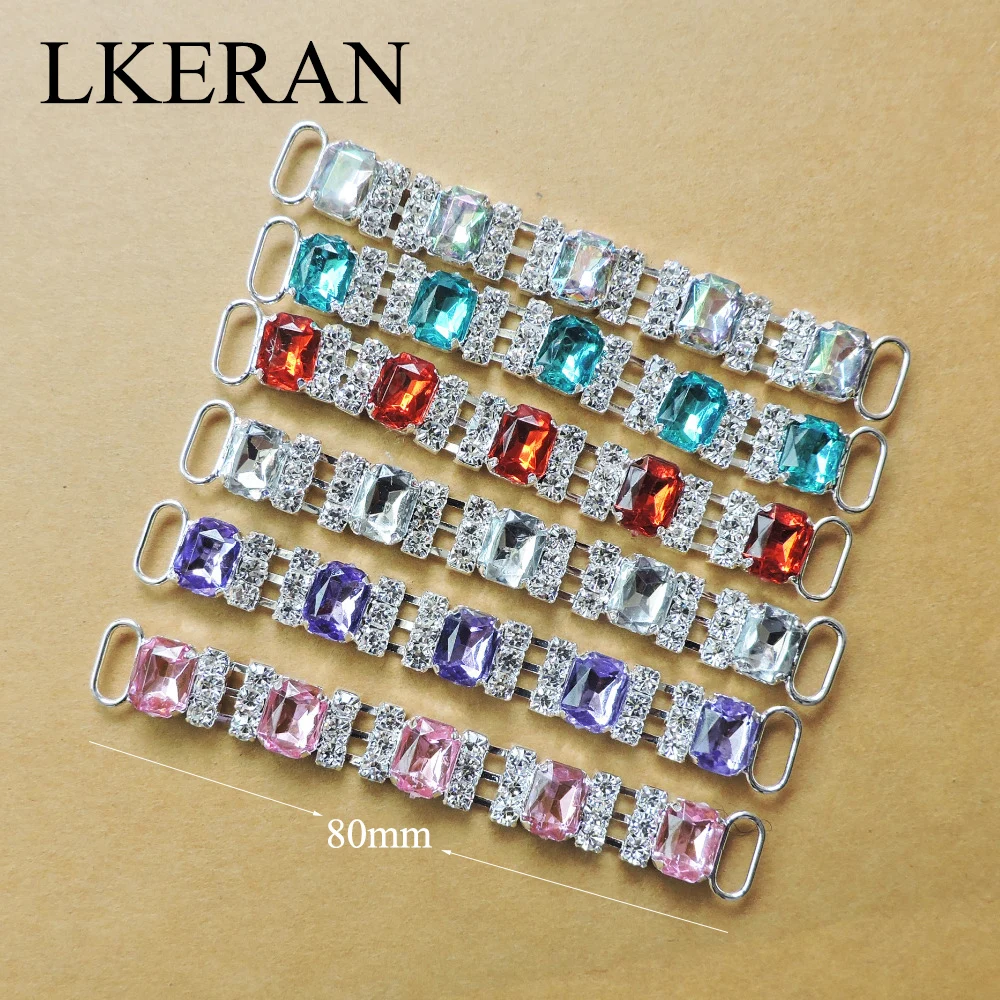 LKERAN 2Pc 10X80mm 5 Rectangles Acrylic Rhinestone Bikini Connectors/ Buckles Crystal Metal Chain Buckle for Swimwear Decoration