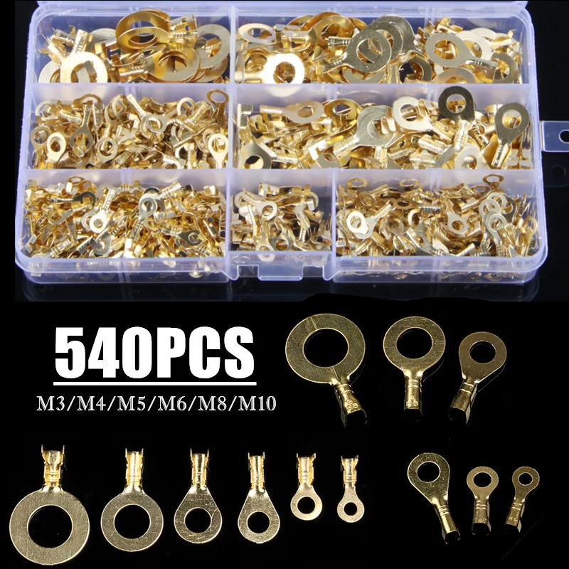 540PCS M3/M4/M5/M6/M8/M10 Ring Lugs Ring Eyes Copper Crimp Terminals Cable Lug Wire Connector Non-insulated Assortment Kit