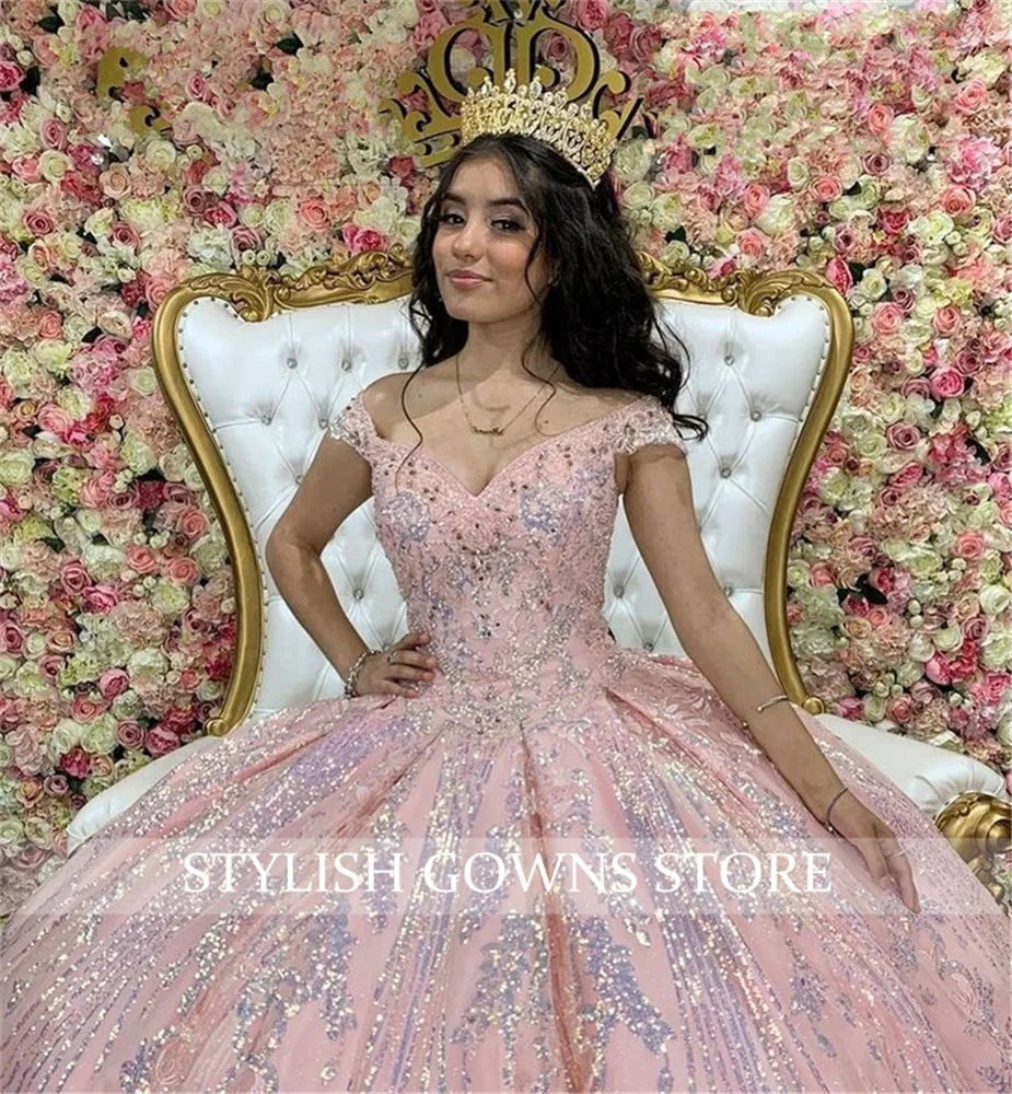 Charming Pink Sparkly Off The Shoulder Ball Gown Beaded Sequined Quinceanera Dress Princess Sweet 16 15 Year Girl Party Dresses