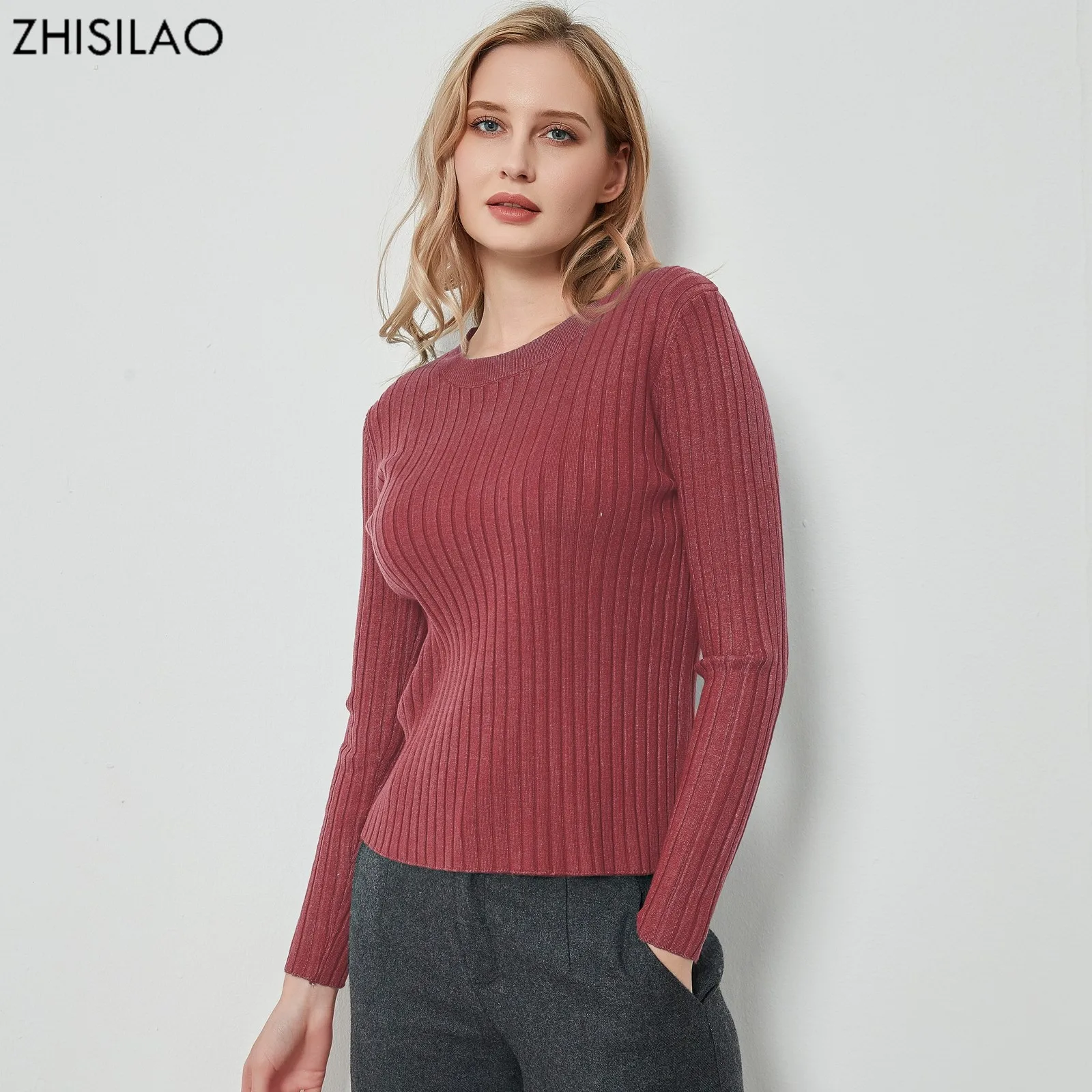 ZHISILAO Basic O-neck Knitting Warm Sweaters 2021 Women Jumper Slim Pullovers Sweater Solid Long Sleeve Tops Autumn Winter