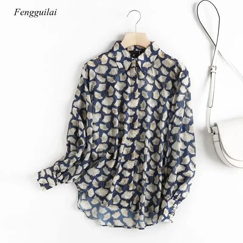 Autumn Blouse Women England Style Fashion Leaf Printing Loose Silk Loose Blusas Mujer De Moda 2021 Shirt Tops