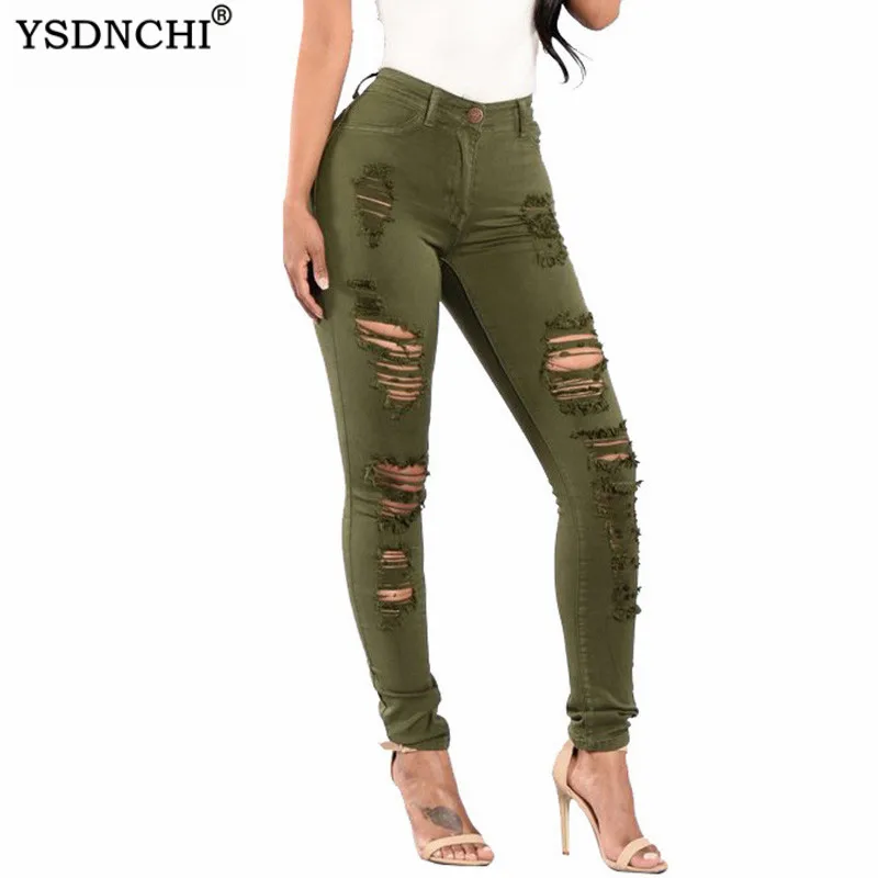 YSDNCHI Women Ripped Jeans Skinny High Waist Denim Army Green Pencil Pants Stretch Sexy Jeans Black Trousers Slim Laides Spring