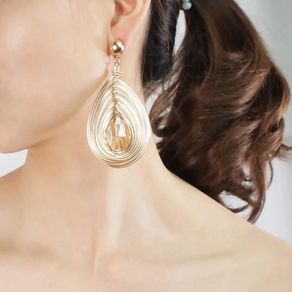 MANILAI Handmade Big Crystal Dangle Earrings For Women Fashion Gold Color Wire Helical Statement Earring Bohemia Jewelry