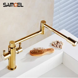 Luxurious Brass Golden Kitchen Sink Faucet Mixer Two Handle Foldable Rotating Gold Basin Cold Hot Water Tap G1122