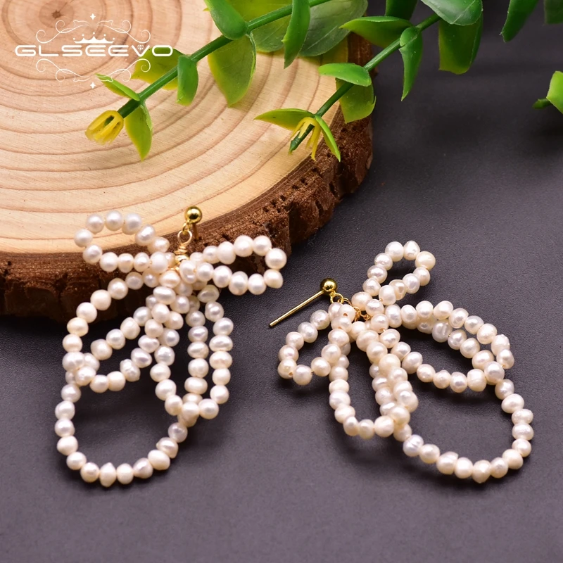 GLSEEVO Handmade Natural Freshwater Pearl Bowknot Pendant Earrings Exaggerated Girl Wedding Cute Ladies Jewelry Brincos GE0953