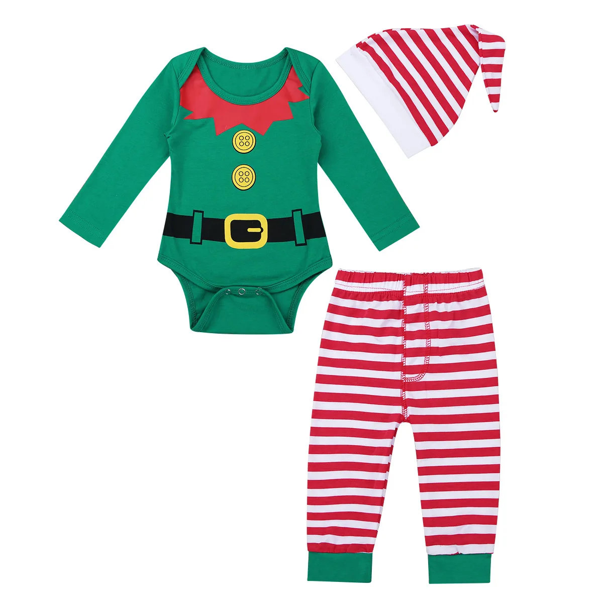 Baby Girls Boys Elf Christmas Costume Newborn Toddler Xmas Cosplay Romper with Striped Pant Hat Sets Outfits New Year Clothes