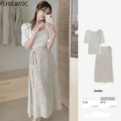 2021 Chic Korea Clothes Summer Women Cute Sweet GIrls Floral Printed Robe Holiday Date Hight Waist Long Skirts