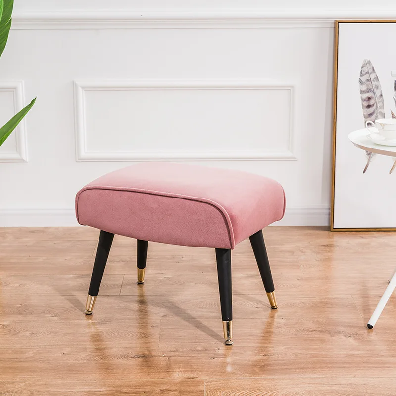 Modern Fashion Dressing Stool Velvet Upholstered Padded Ottoman Stools with 4 Art Wooden Legs Sofa Stool for Bedroom Living