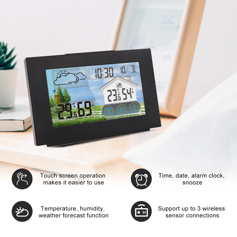 FanJu Weather Station Touch Screen Wireless Indoor Outdoor Temperature Humidity Meter Digital Alarm clock 1-3 Sensor -40℃ Tools