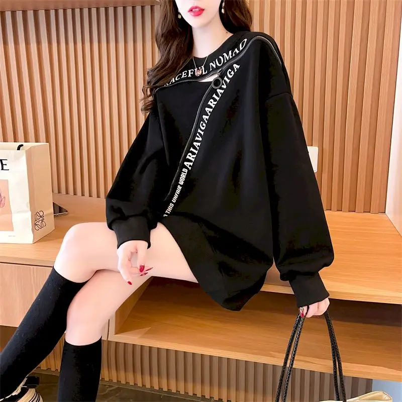 Womens Pullover Mid-length Printed Letter Sweatshirt Autumn 2024 Design Loose Hollowed Oversized Long Sleeve T Shirt Women Tops