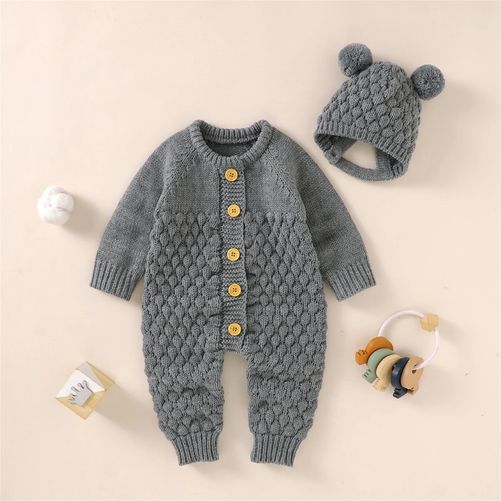 2 stücke Neugeborenen Baby Mädchen Jungen Romper + Hut Set Baby Kleidung Baumwolle Gestrickte Pullover Overall Overalls Winter Baby Kleidung 0-18M