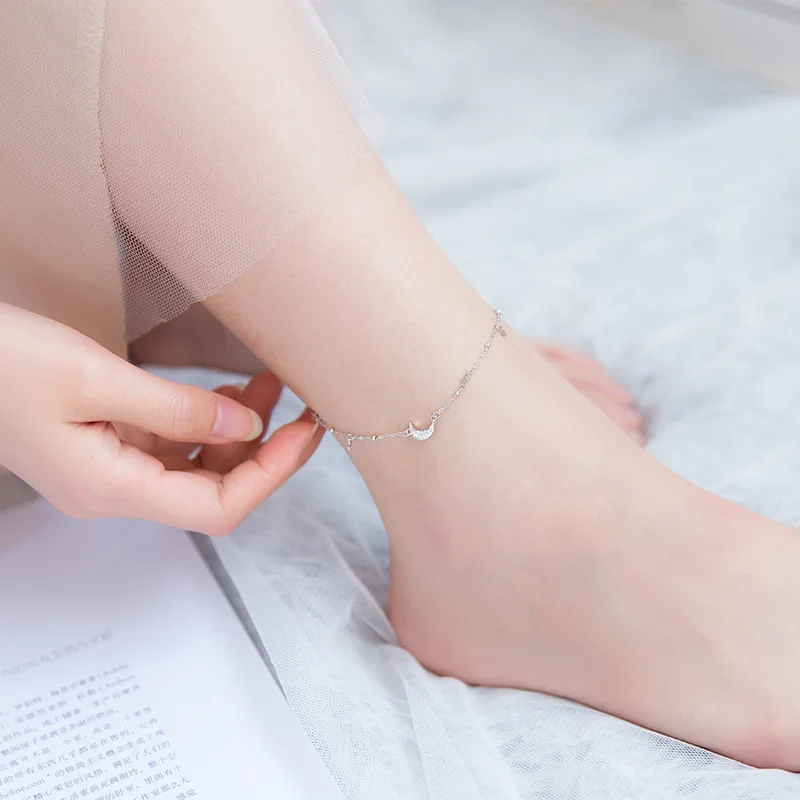 

MIQIAO Anklet Bracelet On The Leg Silver 925 For You Women Sterling Ornament Female Chain Jewelry Moon Glossy Star Zircon Gift