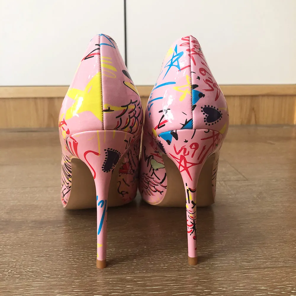 Veowalk Artistic Graffiti Print Women Sexy Stiletto High Heels Pink Ladies Party Pointed Toe Pumps Shoes Color Customized Accept