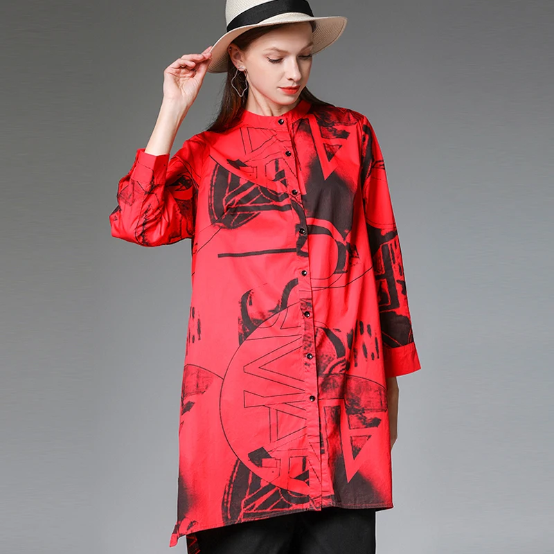 

Women's Irregularity Print Long Sleeve Shirt, Loose Shirts, Pure Cotton, Stand Neck, Elegant Fashion, Early Autumn, New