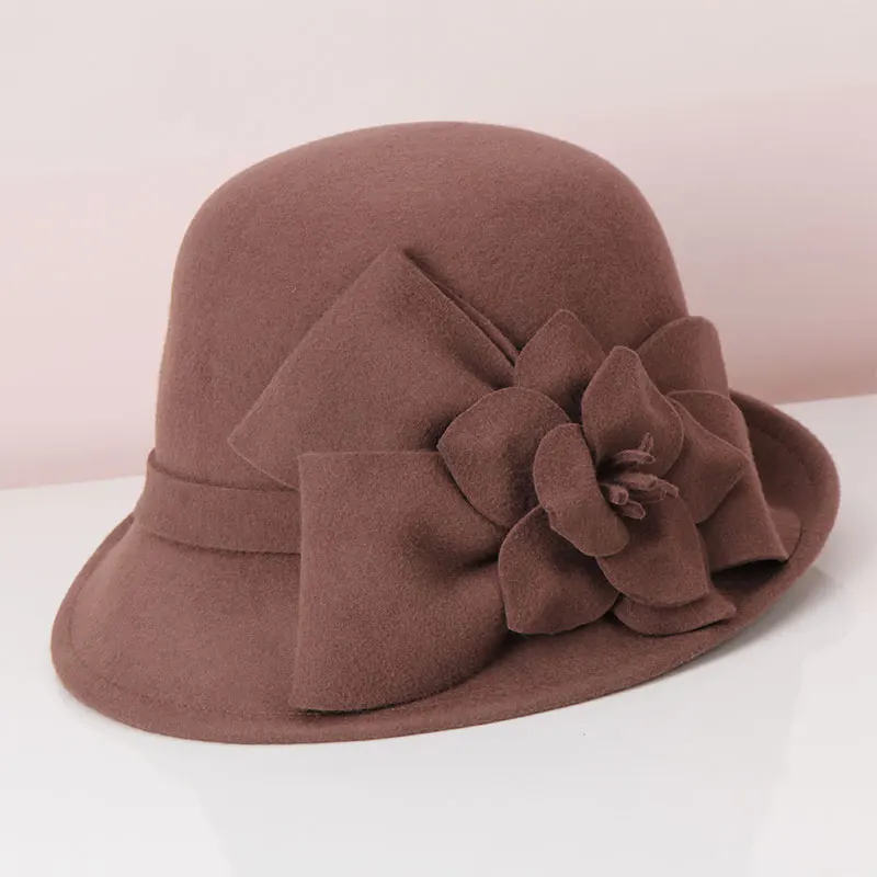 H787 Women Fedora Hat Female Autumn Winter Korean Short Eaves Wool Fedoras Cap Three-dimensional Flower British Elegant Hats