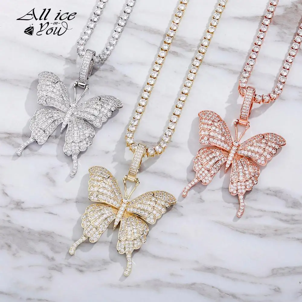 ALLICEONYOU Hip Hop Butterfly Pendant Necklace Micro Pave Iced Out Full Cubic Zirconia Fashion Gift 10mm Cuban Chain