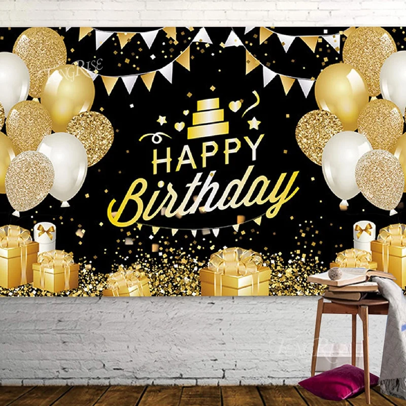 

Black Gold Glitter Birthday Party Decoration Custom Background For Photo Studio Happy Birthday Decor Supplies Name DIY Backdrops