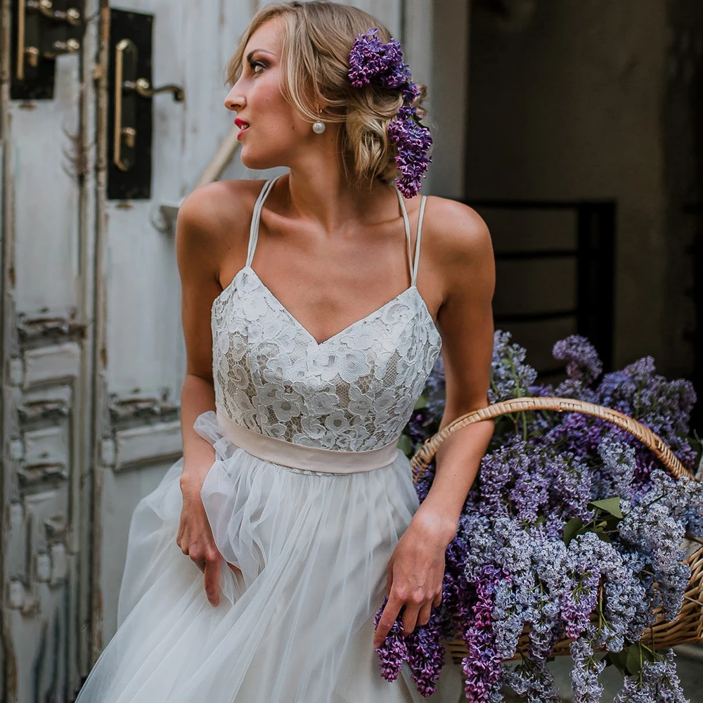 Robe de mariée en Tulle à bretelles spaghetti, en dentelle, sur mesure, grande taille, Sexy, rustique, ceinture croisée, dos nu