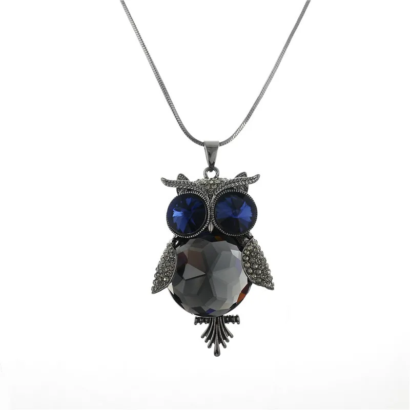 Women Romantic Crystal Owl Pendant Long Sweater Long Chain Bling Stone Necklace