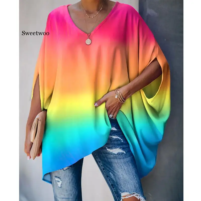 

New Trendy Women Summer Loose Tops Blouse Tie Dye Print Colorblock Batwing Sleeve Casual Blouse