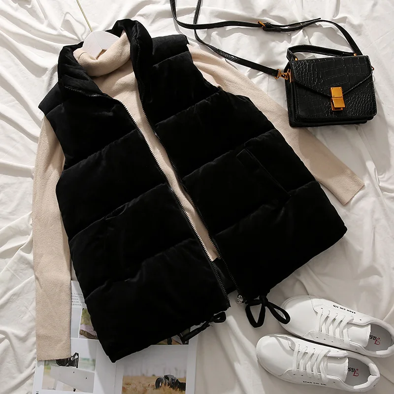 Women Down Cotton Vest Fall Winter Loose Golden Velvet Cotton Waistcoat Warm Cotton Padded Puffer Vests Sleeveless Parkas Jacket