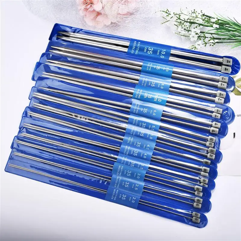 One set 35cm Straight Knitting Needles Stainless Steel Crochet Hook DIY Sweater Weave Knitting Tools Size 2-10mm Sewing Tools