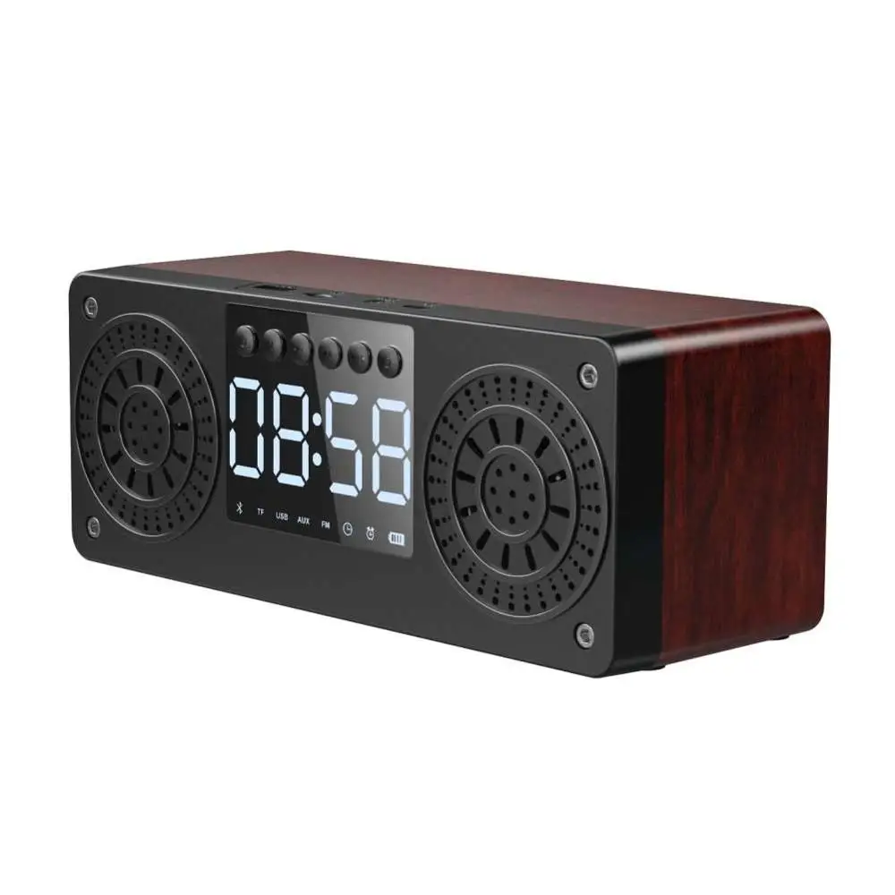 Bluetooth Speaker Wireless Wooden Speaker LED Table Digital Clock Desk Alarm Clock Tf Fm Radio Music Portable Subwoofer Speaker