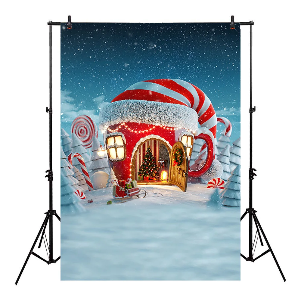 

Winter Christmas Background for Children Kids Cartoon Castle Backdrop Christmas Party Decor Snow Photographic Backdrop Blue Nigh