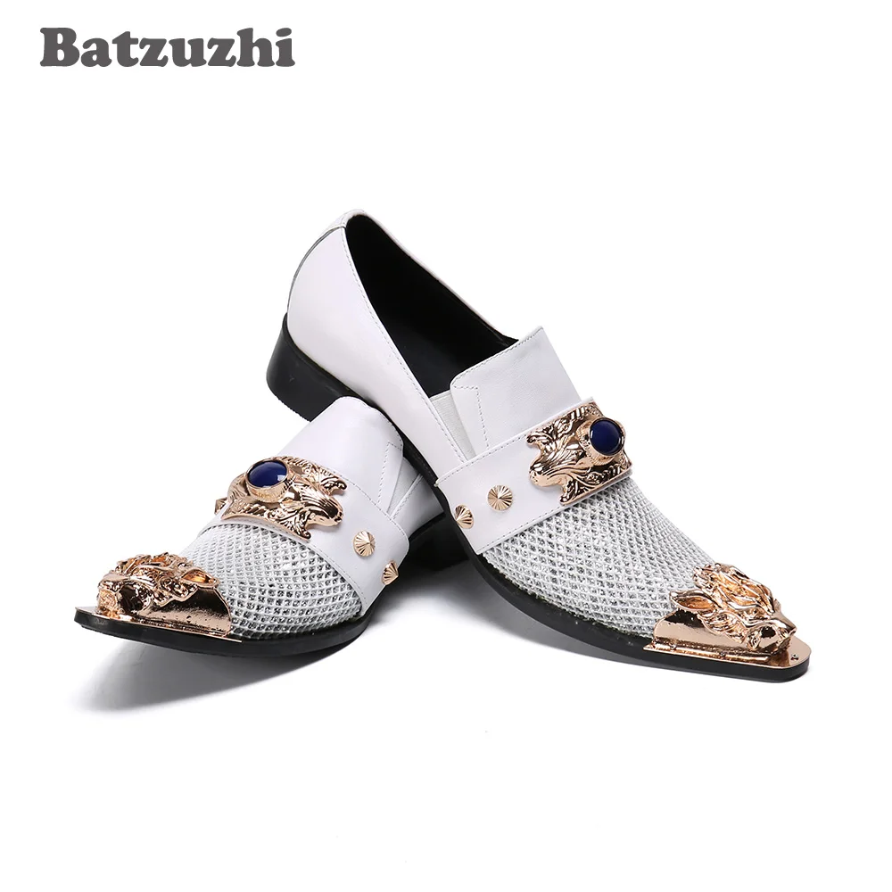 

Batzuzhi White Personality Men Shoes Pointed Metal Tip Leather Dress Shoes Slip on Party & Wedding Shoes Men Zapatos Hombre!