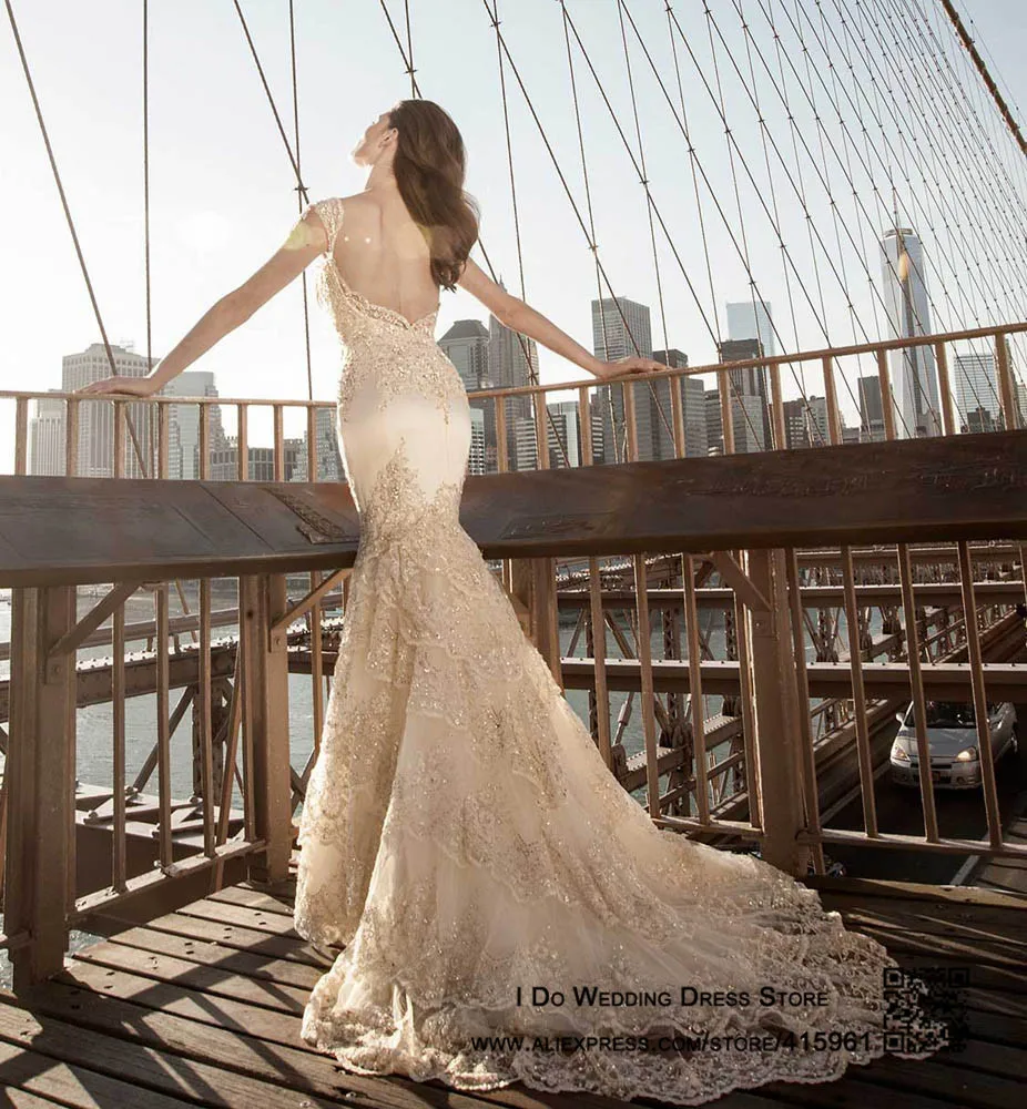 2018 Vintage Vestido De Noiva Renda Luxury Backless Mermaid Wedding Dress Lace Crystals Bridal Dresses Gowns Chapel Train