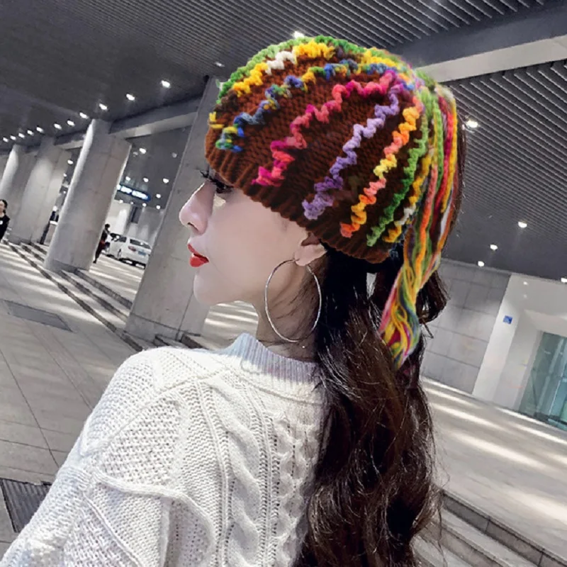 

2021 New Style Autumn and Winter Women Hat Knitted Yarn Straight Stripes Dirty Braid Wig Men's Women's Warm Hat Keep Warm