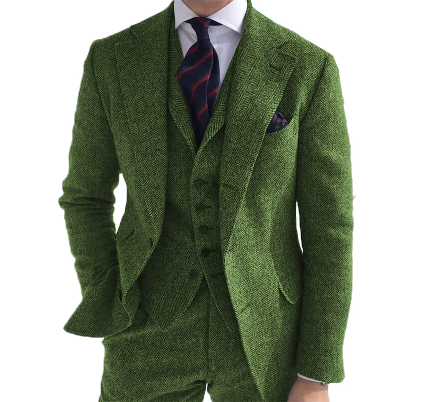 is dos homens 3 peças ternos de lã verde retro clássico padrão espinha de peixe noivo tweed smoking para casamento (blazer + calças + colete)