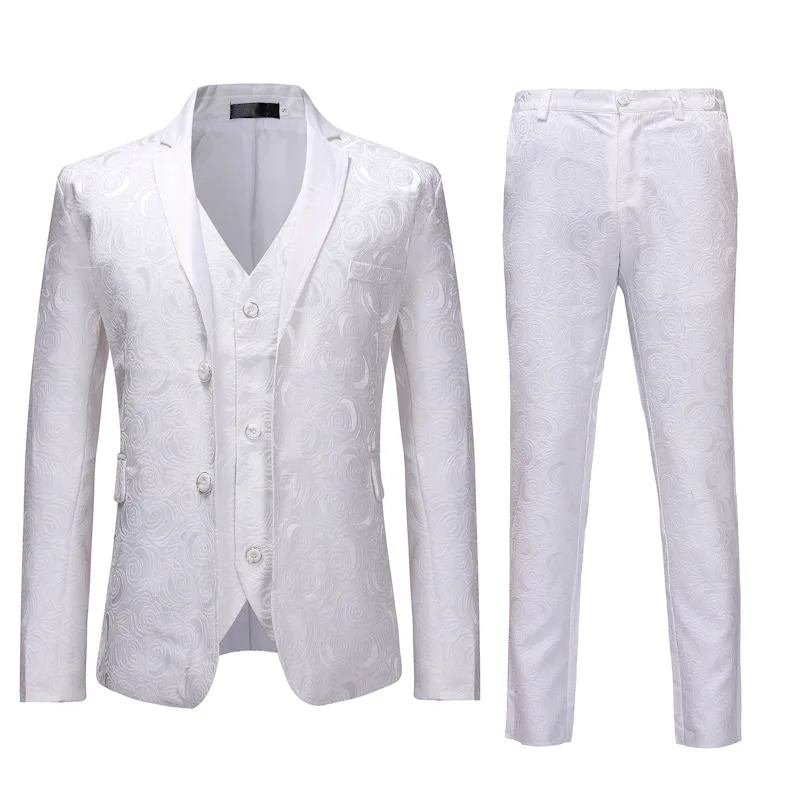 

Men's 3 Pieces White Rose Jacquard Suits with Pants Brand Single Breasted Party Formal Business Dress Suit Men Terno Masculino