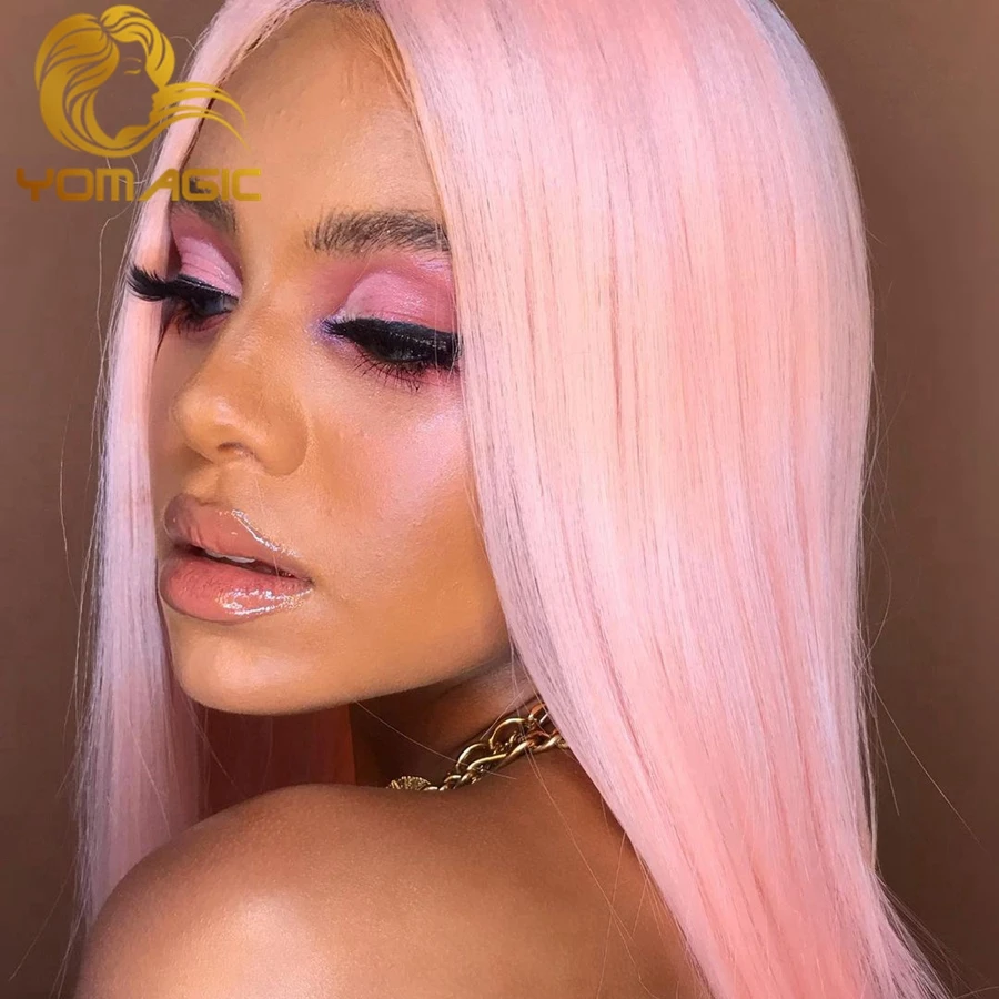 Yomagic Hair Bright Pink Color Synthetic Hair Lace Front Wigs with Natural Hairline Long Straight Cosplay Glueless Lace Wigs