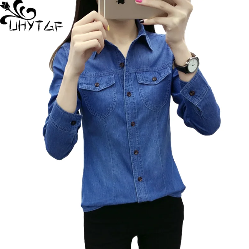 UHYTGF Spring Denim Shirt Women Long-Sleeved Single-Breasted Elegant Tops Coat Ladies Pure Color Casual Jeans Jacket Female 1500