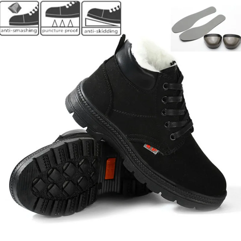 Men Safety Work Boots Steel Toe Snow Shoes Puncture Proof Man Winter Hiking Combat Boots Plush Linig Keep Warm Anti Smashing