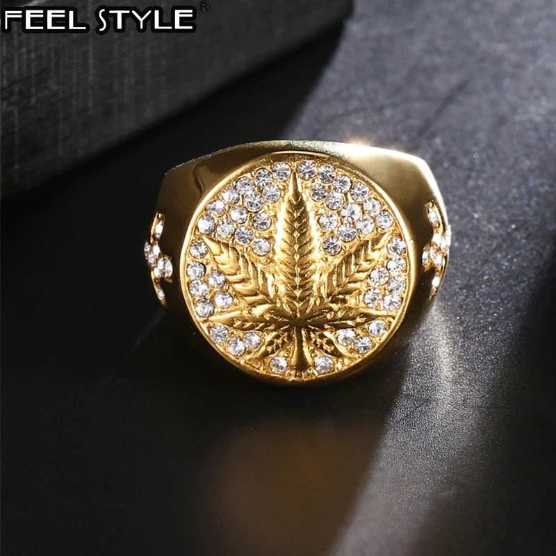 

HIP Hop 316L Stainless Steel Iced Out Bling Gold Color Ring Micro Paved Rhinestone Weed Maple leaf Rings for Men Jewelry