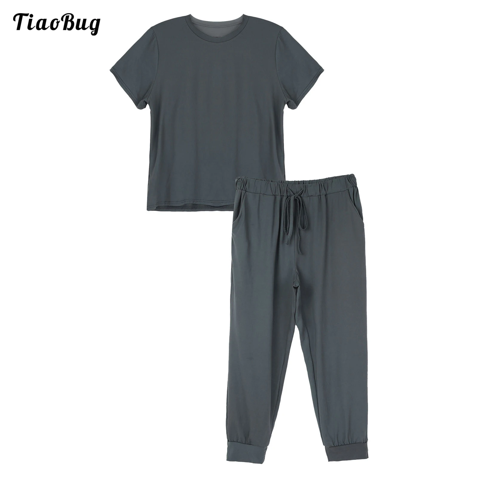 Summer 2Pcs Women Casual Yoga Suit Round Neck Short Sleeves T-Shirt Elastic Waistband With Drawstring Slant Pockets Harem Pants