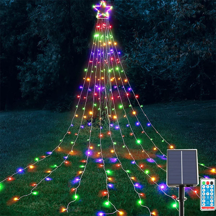 Lumières solaires dégradées d'étoile de Noël, 9x3,5 m, cascade, lumières d'arbre de Noël avec dessus d'étoile, guirxiété lumineuse pour la décoration extérieure