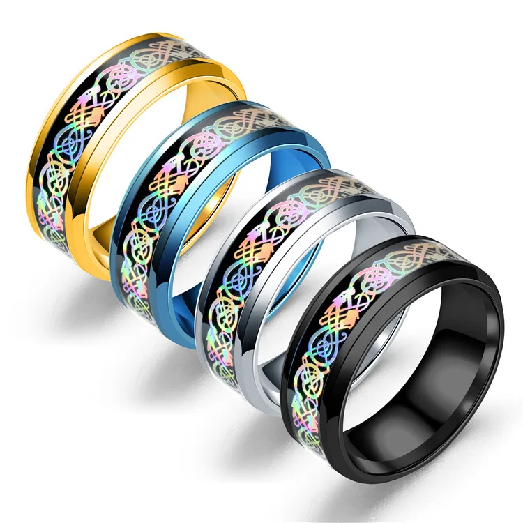 AsJerlya New 8mm Punk Stainless Steel Multicolor Dragon Rings Inlay Rainbow Color Dragon Cool Women Finger Ring Wedding Jewelry