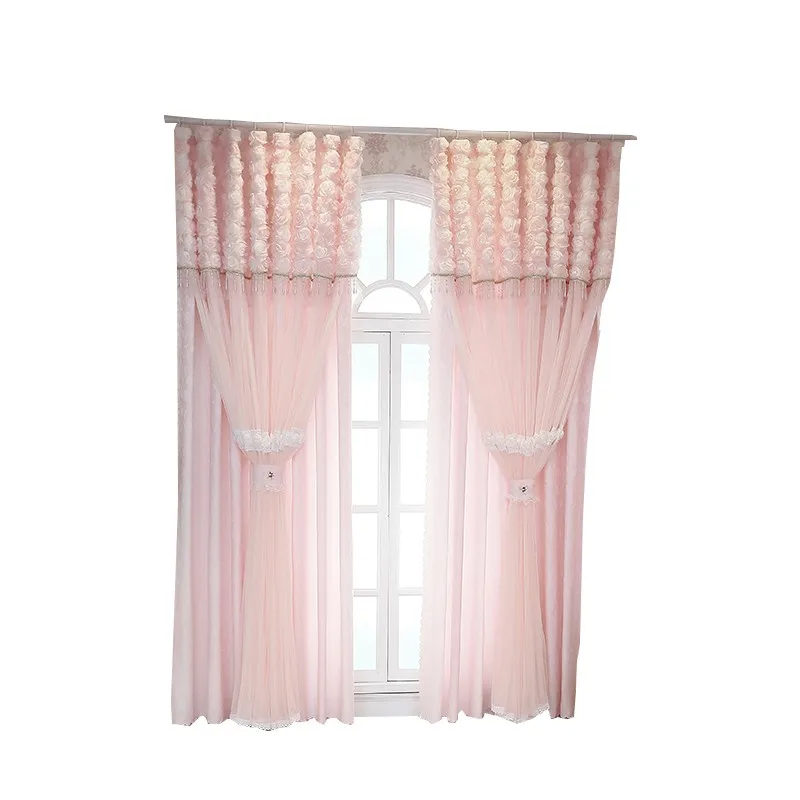 جديد الرعوية الكورية الوردي الدانتيل ثلاثية الأبعاد الوردي الستائر ، الأميرة نمط طبقة مزدوجة ستائر التعتيم لغرفة نوم الفتاة غرفة المعيشة