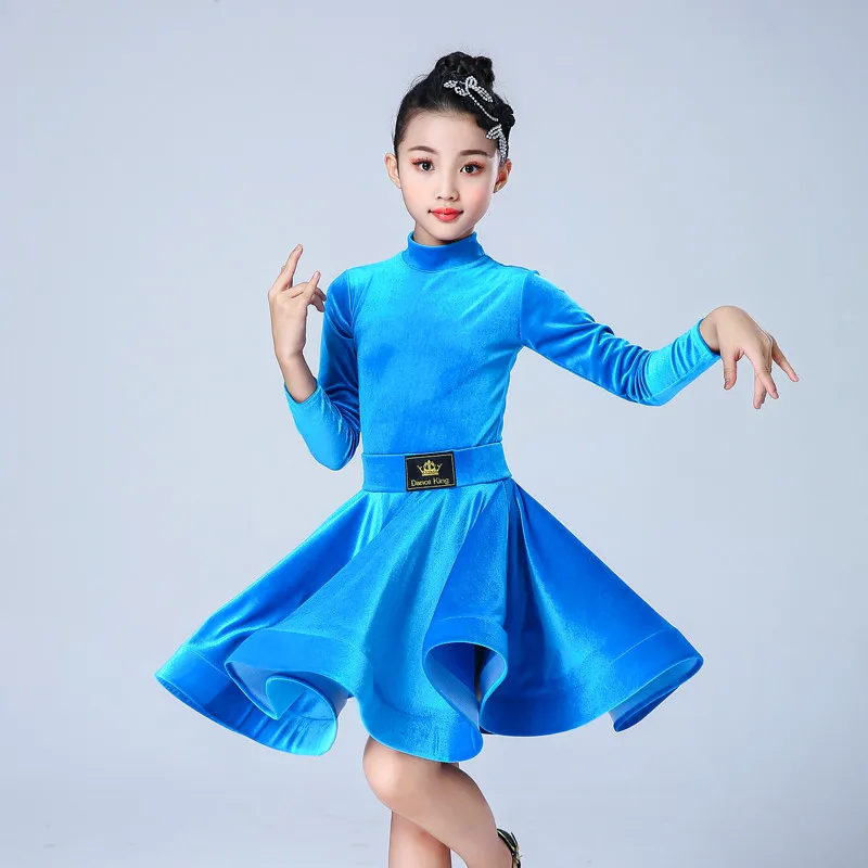 Kids Dresses for Girls Long Sleeve Latin Dance Dress Velvet Ballroom Competition Party Stage Performance Practice Costumes