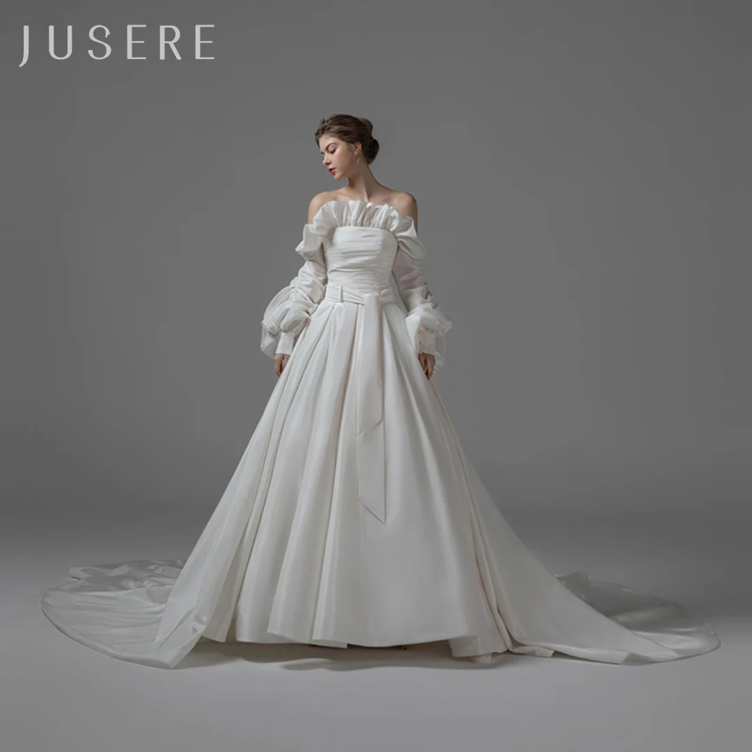 Jusere Strapless Satin bridal dress long sleeves wedding dress bridal gown white dress with chapel train